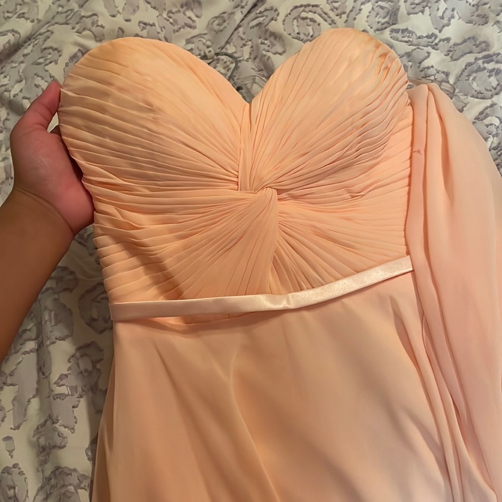 Coral quince court dress. Corset like back and comes with a shawl.